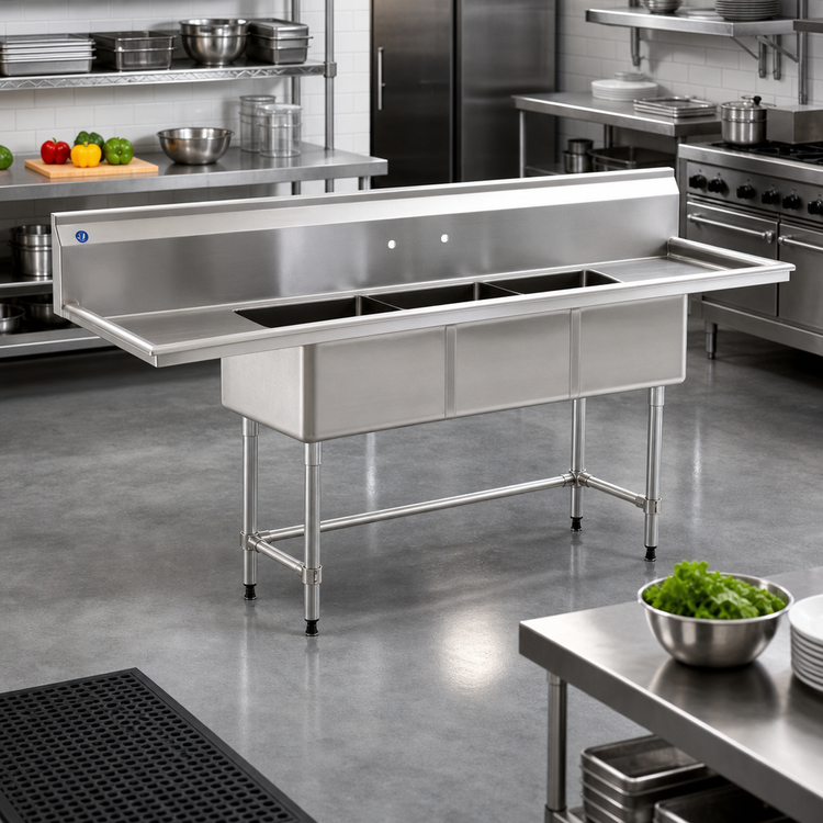 Product image #2 for BlendPort BPFC Series 3-Compartment Sink with Dual 18-Inch Drainboards, 84-Inch Overall Length, 304 Stainless Steel