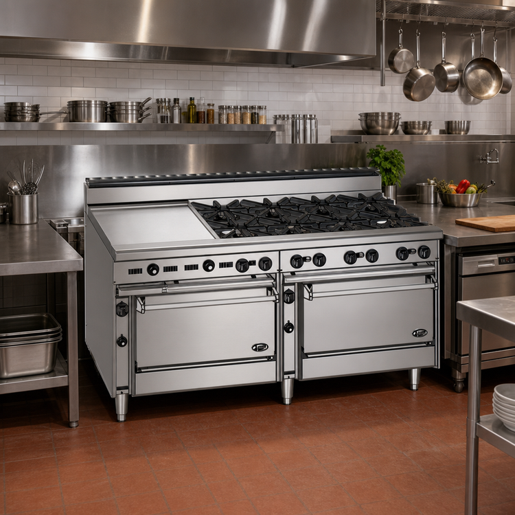 Product image #2 for Bistro 72-Inch Shallow-Depth Heavy-Duty Gas Restaurant Range with 12 Open Burners, Standard Oven, and Convection Oven