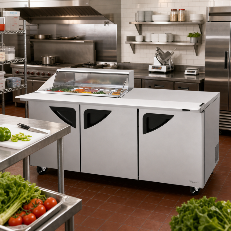 Product image #2 for Turbo Air Super Deluxe Three-Section Refrigerated Sandwich/Salad Mega Top Prep Table with Clear Top and 15-Pan Opening