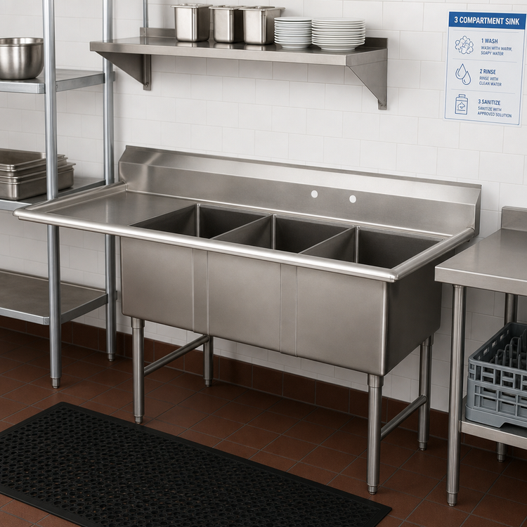 Product image #2 for Advance Tabco Special Value Series 3-Compartment Fabricated Sink with Left Drainboard, 16-Gauge 304 Stainless Steel, 15 x 15 x 14-Inch Bowls