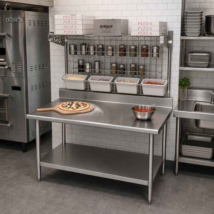 Product image #2 for Eagle Group Heavy-Duty Pizza Prep Area Work Table with 14-Gauge 304 Stainless Steel Top, Overshelf, and Wall Grid, 60W x 24D