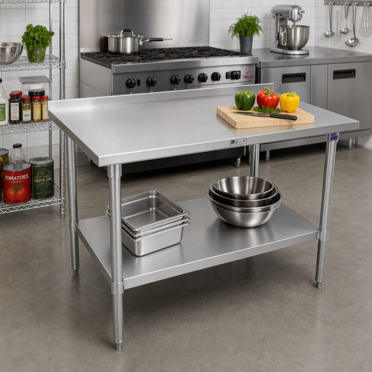 Product image #2 for John Boos Stallion 72" x 36" 16-Gauge Stainless Steel Top Work Table with 1-1/2" Rear Riser and Adjustable Undershelf