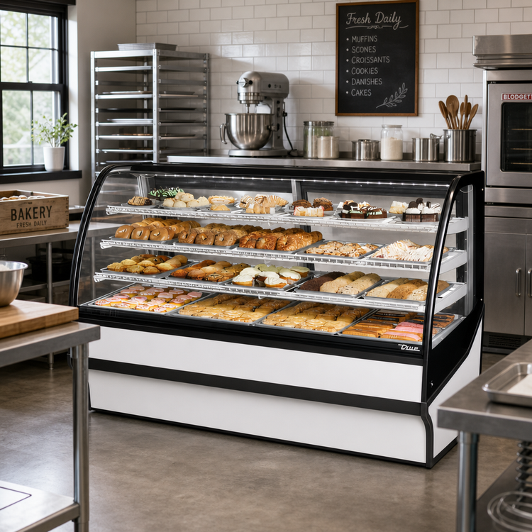 Product image #3 for True 77-1/4 Inch Curved Glass Dry Pastry Display Merchandiser with Glass Ends, White Exterior/Interior, Floor Model