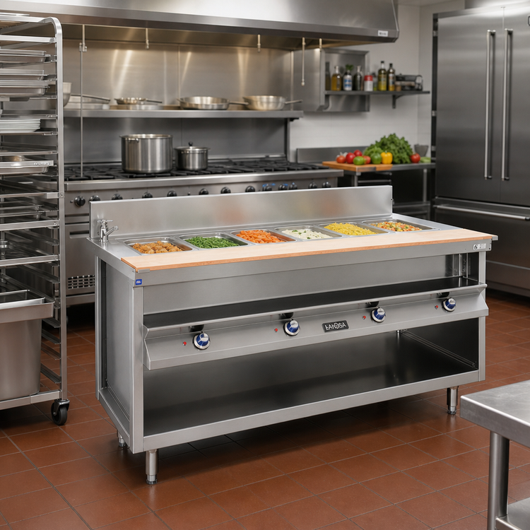 Product image #2 for La Rosa Refrigeration L-82186-28 6-Well Electric Hot Food Table with Open Cabinet Base