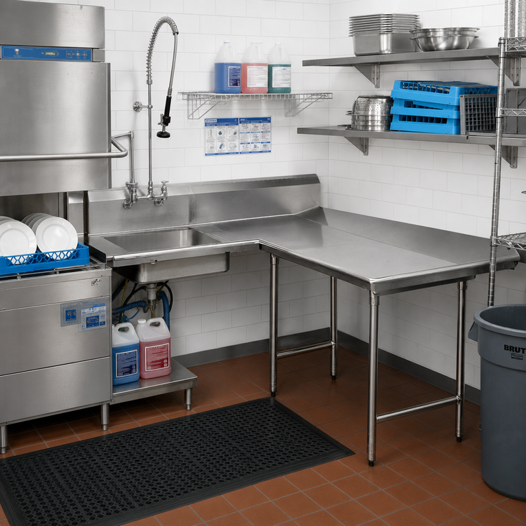Product image #2 for Corner L-Shaped Right-Hand Dishlanding Soil Dishtable with Pre-Rinse Sink, 119-Inch, 14-Gauge 304 Stainless Steel