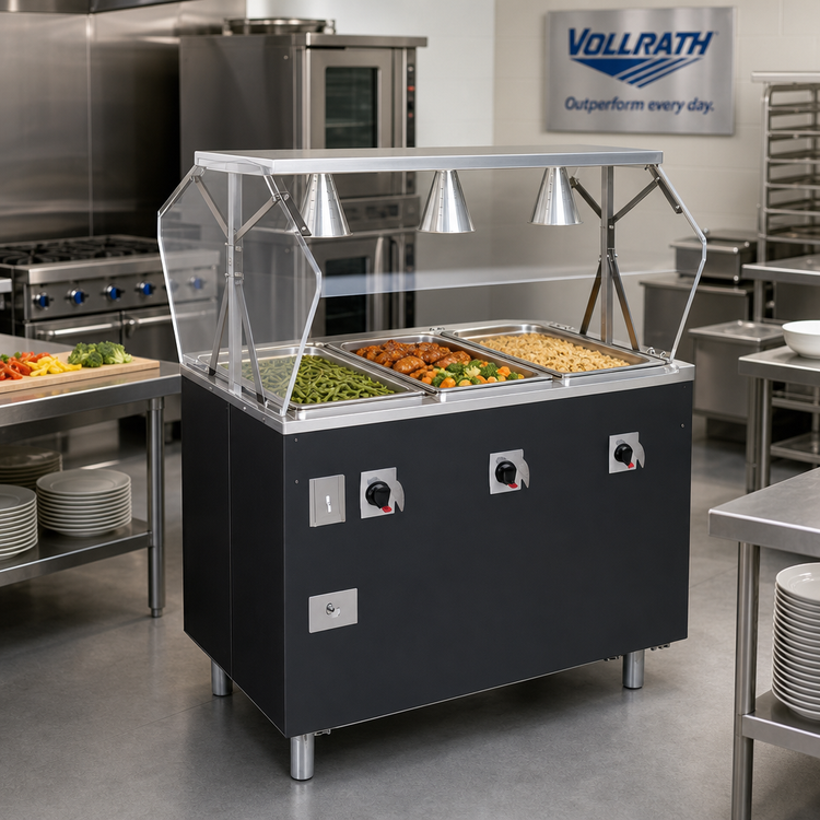 Product image #2 for Vollrath 2-Series Affordable Portable Deluxe 4-Well Mobile Hot Food Station with Lighted Breath Guard and Enclosed Storage Base