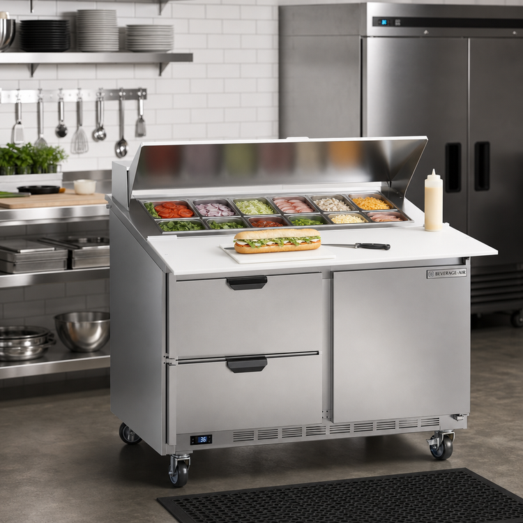 Product image #3 for Beverage-Air 48-Inch Two-Section Sandwich Prep Table Refrigerator with 12-Pan Top, 2 Drawers, and 1 Door