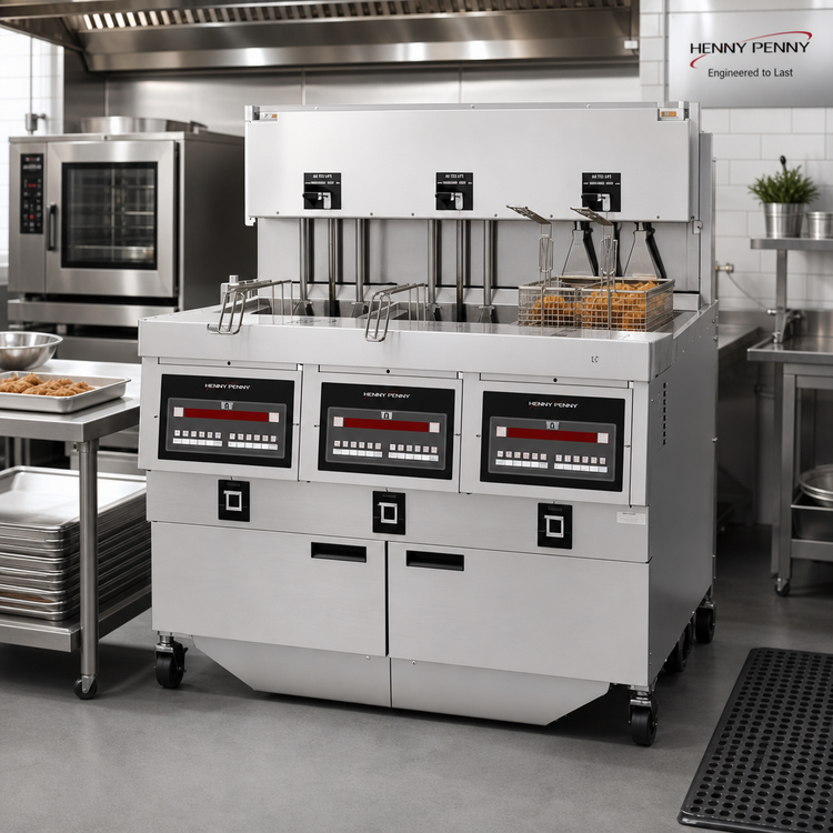 Product image #2 for Henny Penny OEA-323 3-Well Electric Auto Lift Open Fryer with Built-In Filtration