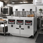 Thumbnail image #2 for Henny Penny OEA323.0 3-Well Electric Auto-Lift Open Fryer with Built-In Filtration, Computer Controls, Stainless Steel