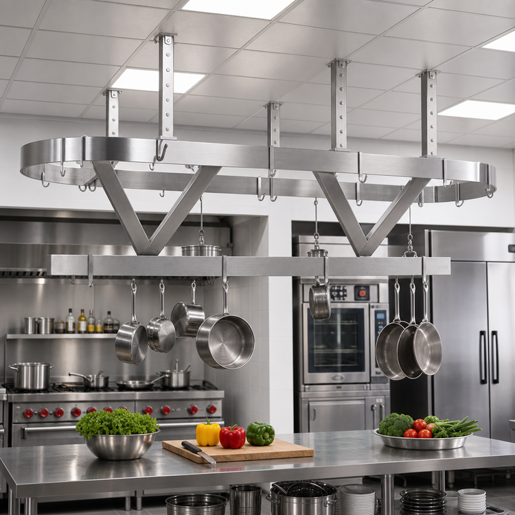Product image #2 for Advance Tabco SC-132 Ceiling-Mounted Triple-Bar Stainless Steel Pot Rack, 132 Inches Wide