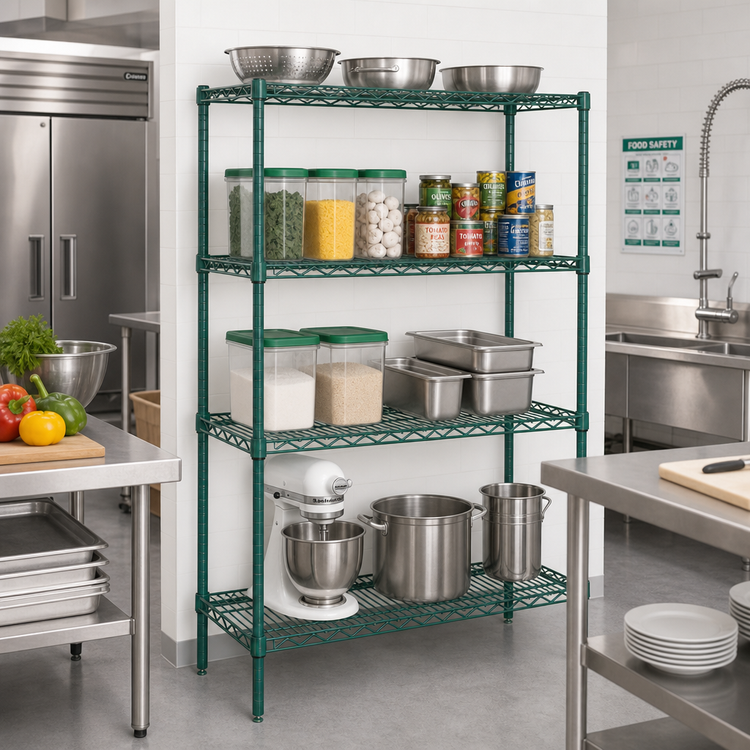 Product image #2 for Quantum Wire Shelving Starter Kit, 42"W x 21"D x 86"H, 4 Shelves, Green Epoxy Antimicrobial Finish