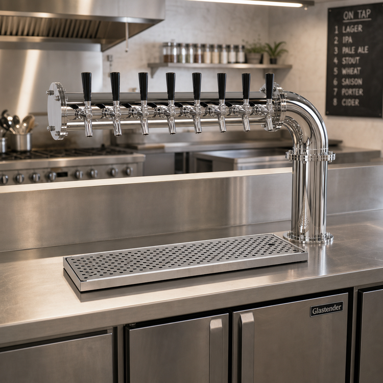Product image #3 for Glastender Single-Column Countertop Pipe Cantilever Draft Dispensing Tower with 8 Stainless Steel Faucets, Air-Cooled, Mirror Finish