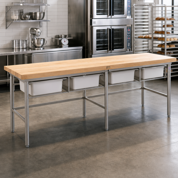 Product image #2 for John Boos Stainless Steel Baker's Table Frame for 120 x 36 Inch Top with Bin Stops and Guides