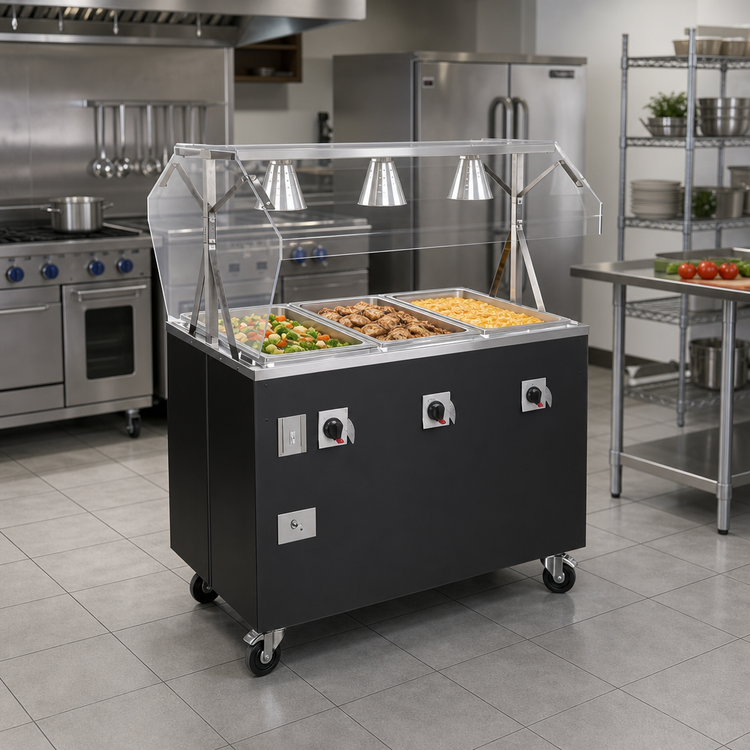 Product image #2 for Vollrath 2-Series Affordable Portable Deluxe 3-Well Sealed-Well Hot Food Station with Buffet Breath Guard, Enclosed Base and Casters