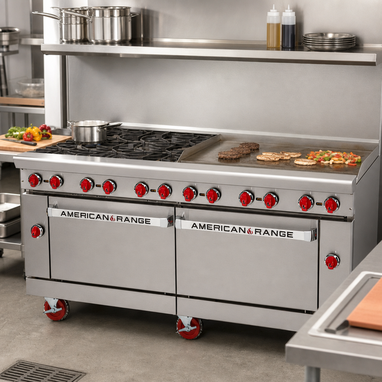 Product image #2 for American Range 72-Inch Gas Restaurant Range with 48-Inch Griddle, 4 Open Burners, and 2 Standard Ovens