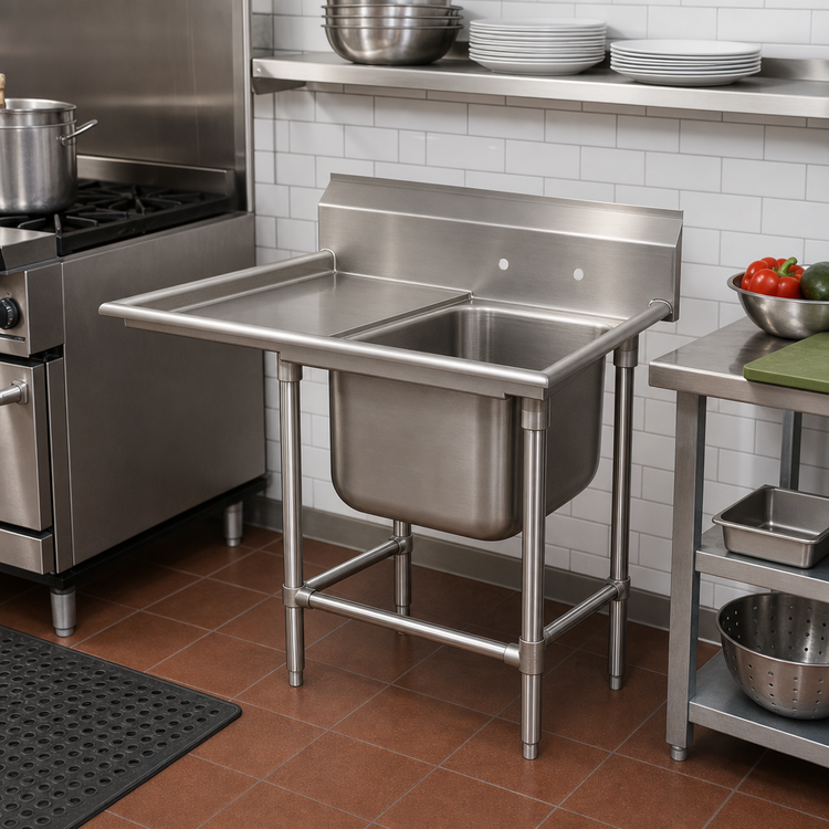 Product image #2 for Advance Tabco Regaline 1-Compartment Stainless Steel Sink with Left-Hand Drainboard, 20" x 20" Bowl, 14" Deep, 11" Backsplash, 36" Drainboard
