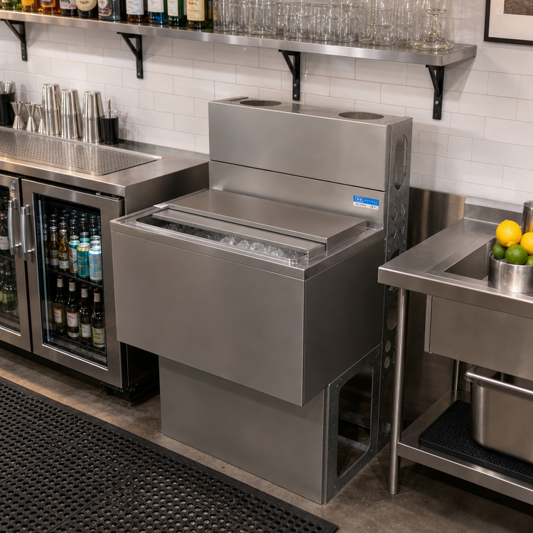 Product image #2 for 24-Inch Stainless Steel Underbar Insulated Ice Bin with Sliding Cover, 66 lb Capacity