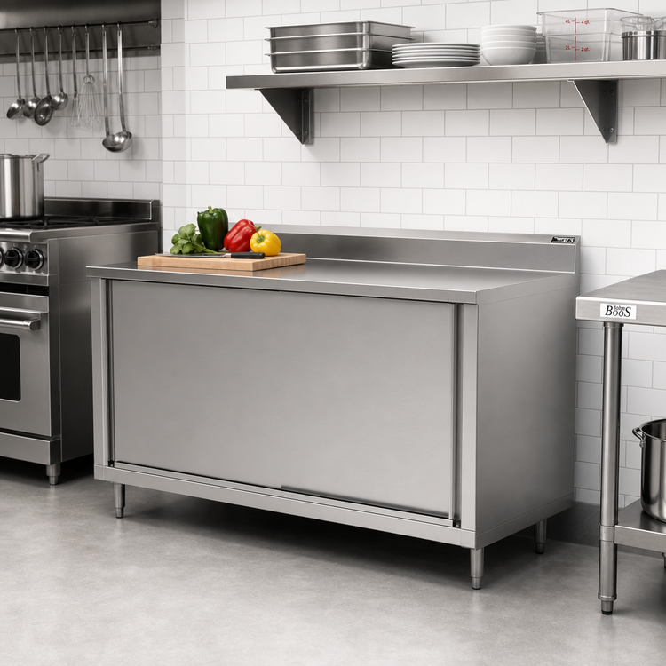 Product image #2 for John Boos Cabinet Base Enclosed Work Table with Sliding Doors, 60 x 36 Inches, 14-Gauge Stainless Steel Top, 5-Inch Backsplash