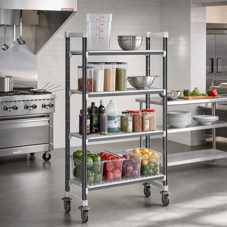 Product image #2 for Cambro Camshelving Elements XTRA High Density Vented Mobile Starter Unit, 18 x 42 x 70-1/4 Inches, 4-Tier, Speckled Gray