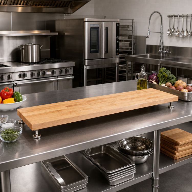 Product image #2 for John Boos Edge Grain Steam Table Cutting Board with Adjustable Stainless Steel Supports, 84 x 8 x 1-3/4 Inch, Northern Hard Rock Maple