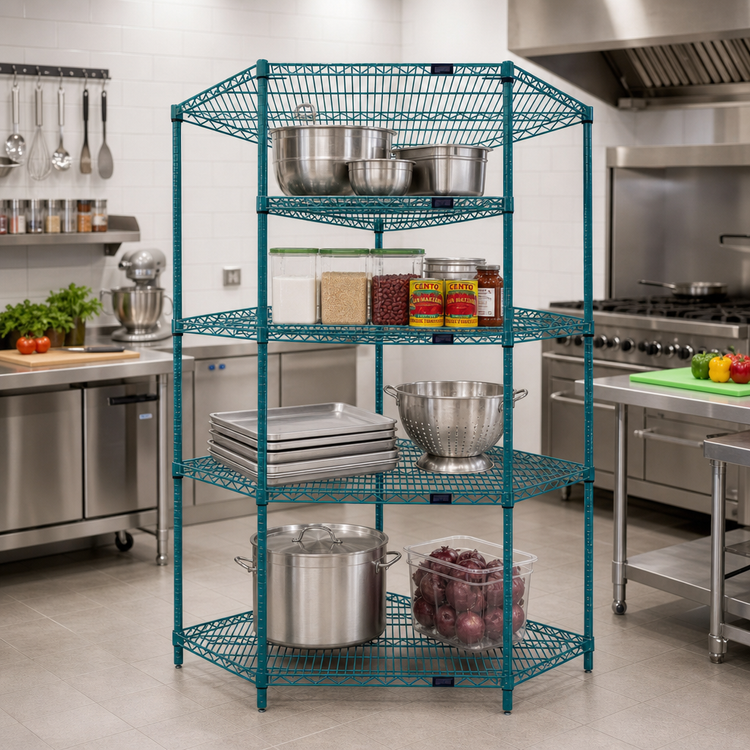 Product image #2 for Quantum 5-Sided Stationary Wire Shelving Starter Kit with 4 Shelves, 36 x 18 Inches, Green Epoxy Antimicrobial Finish