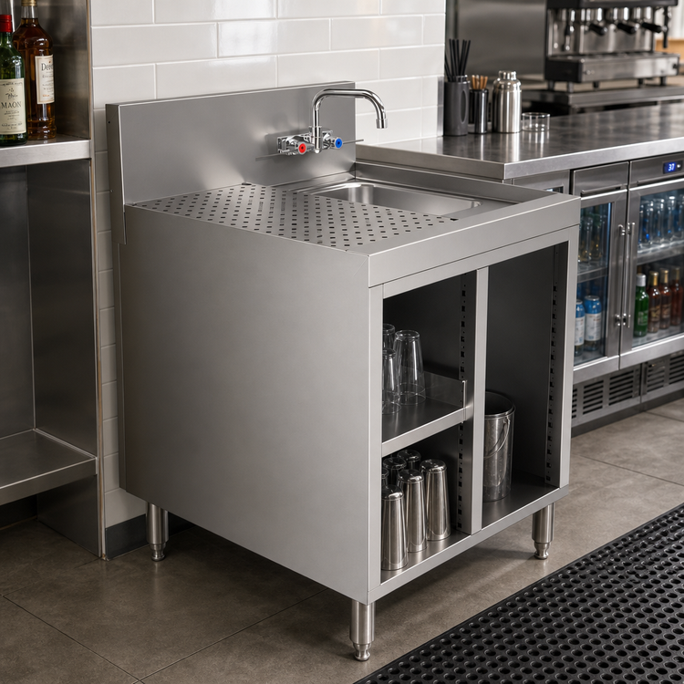 Product image #2 for Advance Tabco Prestige Supreme Underbar Sink Cabinet with Drainboard and Open Front, 24 Inch W x 25 Inch D x 36 Inch H