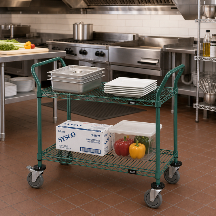Product image #2 for Quantum 2-Shelf Wire Utility Bus Cart, 60 x 21 x 37-1/2 Inches, Green Epoxy Finish
