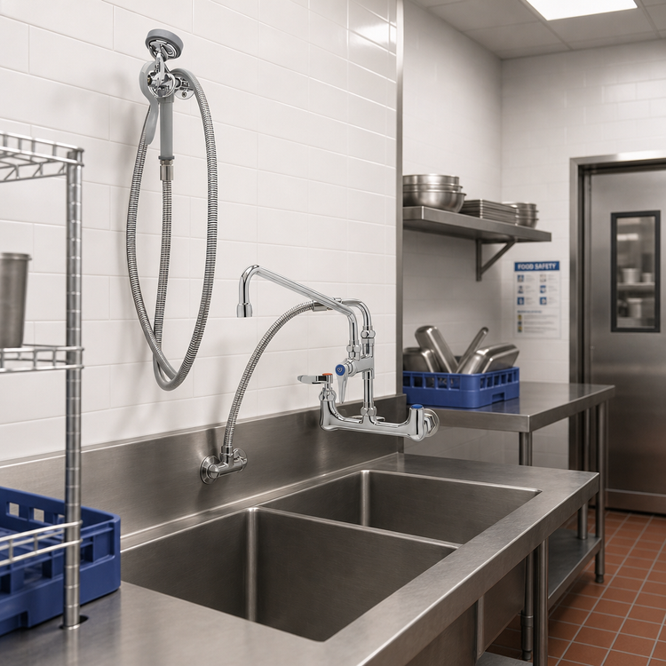 Product image #2 for T&S Brass B-0175-02 Wall Mount Pre-Rinse Mixing Faucet Assembly with Swing Nozzle and 96-Inch Hose