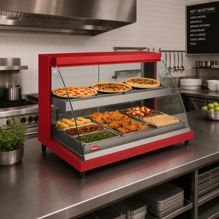 Product image #2 for Hatco Glo-Ray Designer Curved Glass Countertop Hot Food Display Case, Dual Shelf, 3-Pan, 45.5-Inch