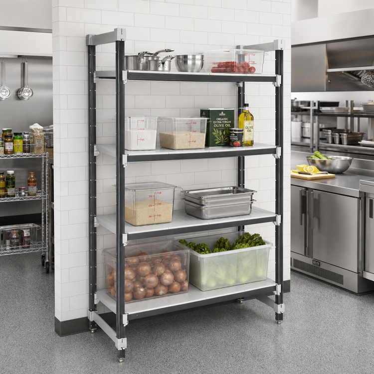 Product image #2 for Cambro Camshelving Elements XTRA 4-Shelf Solid Stationary Polymer Shelving Starter Unit, 24 x 42 x 72 Inches, Speckled Gray