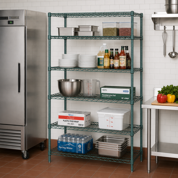 Product image #2 for Quantum Stationary Wire Shelving Starter Kit, 48"W x 24"D x 74"H, 5 Shelves, Green Epoxy Antimicrobial Finish