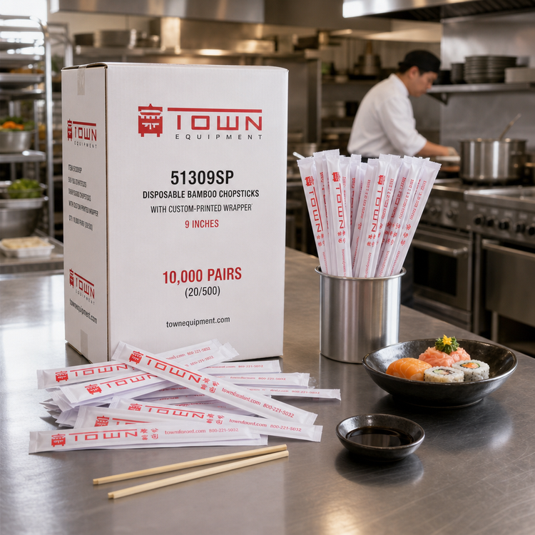 Product image #2 for Town Equipment 51309SP Disposable Bamboo Chopsticks with Custom-Printed Wrapper — 9 Inches, 10,000 Pairs Minimum