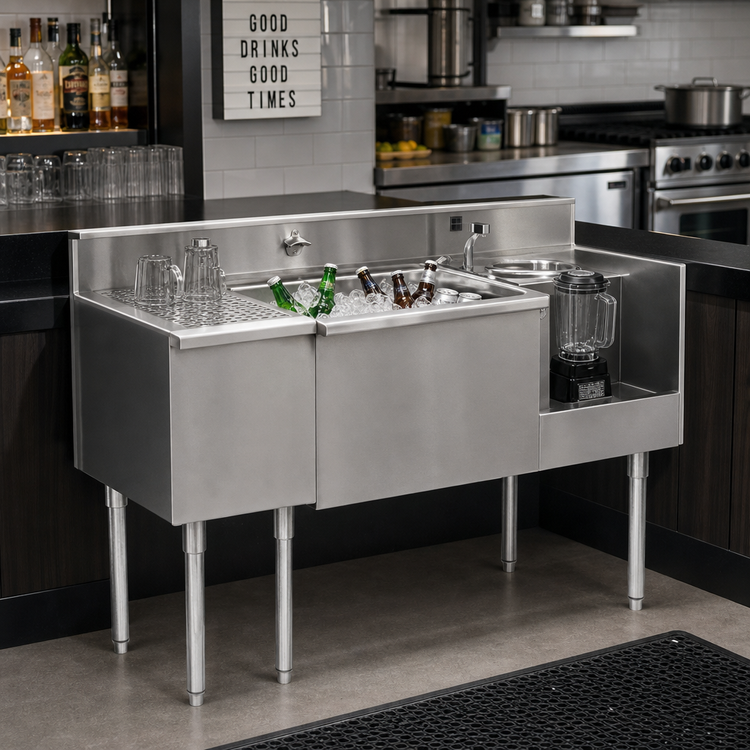Product image #2 for 1800 Series 62-Inch Stainless Steel Underbar Beverage Station with Drainboard, Center Ice Bin, and Right Blender Recess