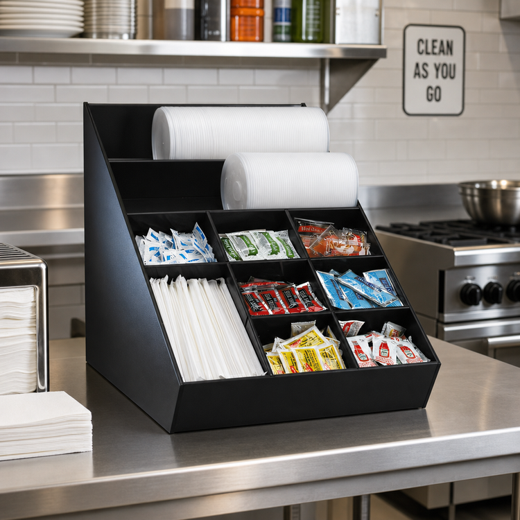 Product image #2 for Black Polystyrene Wide Lid, Straw & Condiment Organizer with Removable Dividers