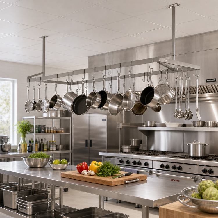 Product image #2 for John Boos Ceiling-Mounted Double-Bar Stainless Steel Pot Rack with 22 Double Hooks, 127-1/4 Inch W x 13-5/8 Inch D x 48 Inch H