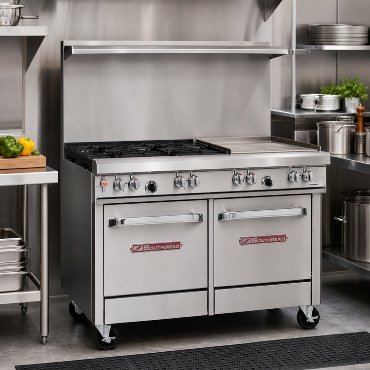 Product image #2 for Southbend Ultimate 48-Inch Restaurant Gas Range with 4 Non-Clog Burners, Wavy Grates, 24-Inch Griddle, Standard Oven and Cabinet Base