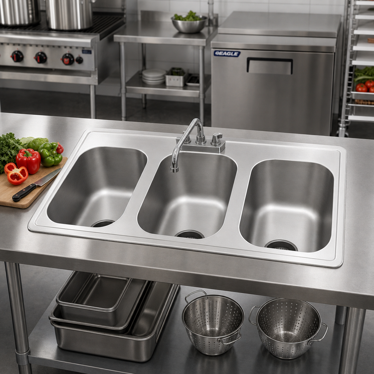 Product image #2 for Eagle Group Self-Rimming Three-Compartment Drop-In Sink, 42-3/4 Inch Wide, 12 x 14 x 9-1/2 Inch Bowls
