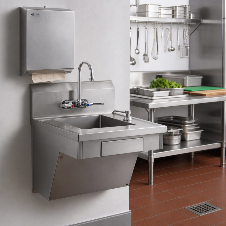Product image #2 for Eagle Group ADA Wall-Mount Stainless Steel Hand Wash Sink with 14 x 16 x 5-Inch Bowl, Faucet, Soap Dispenser, and Paper Towel Dispenser