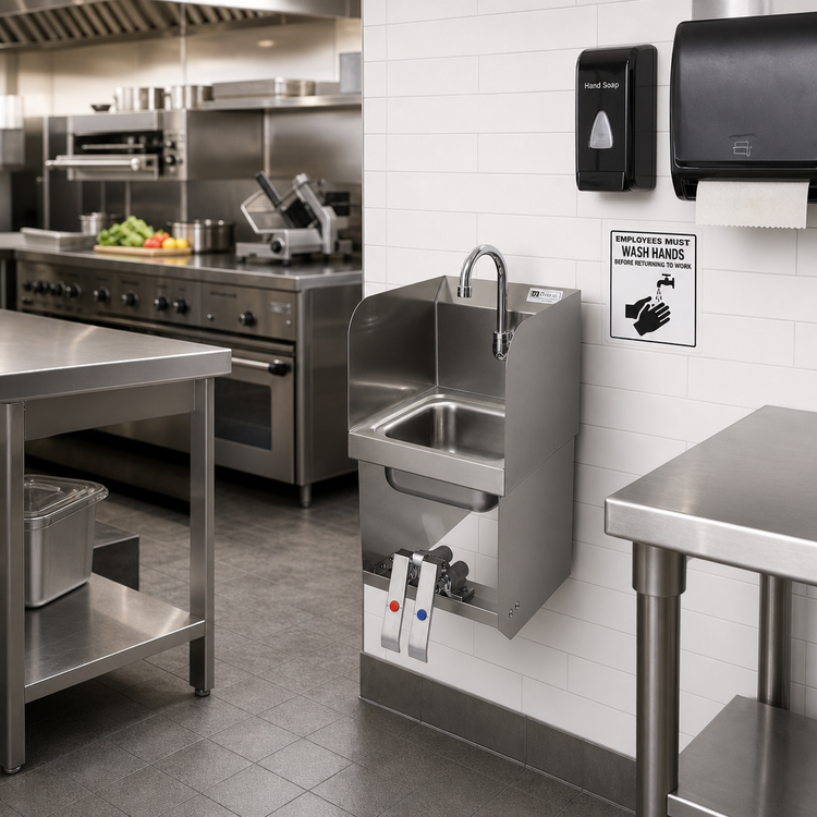 Product image #2 for John Boos Pro-Bowl Wall-Mounted Hand Wash Sink with Double Knee Valves, 9 x 9 x 5 Inch Bowl, Stainless Steel