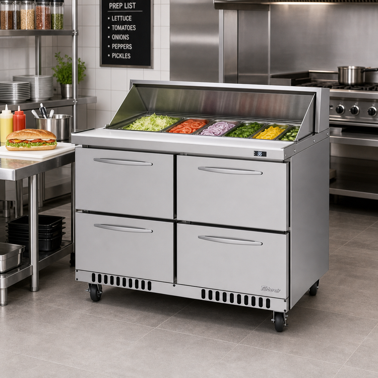Product image #2 for Turbo Air PRO Series 48 1/4-Inch Wide Two-Section 4-Drawer Sandwich/Salad Prep Table, Front Breathing, Stainless Steel, 11.1 Cu. Ft.