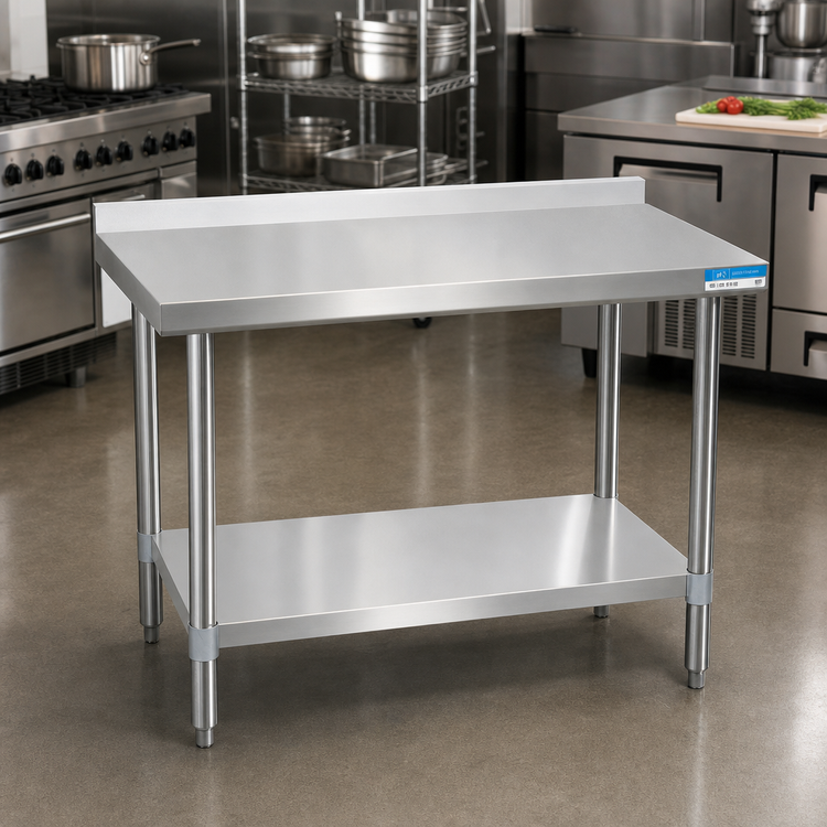 Product image #2 for BK Resources 48" x 18" 18-Gauge 430 Stainless Steel Work Table with 1-1/2" Rear Riser and Adjustable Undershelf