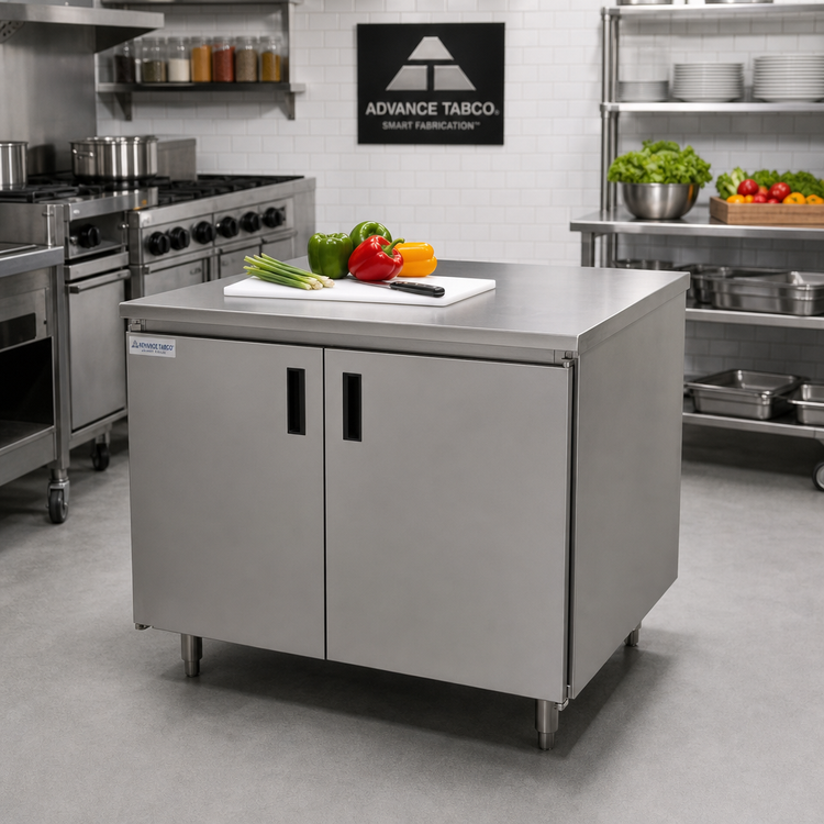 Product image #2 for Advance Tabco Special Value Series Enclosed Work Table with Cabinet Base, Mid-Shelf and Hinged Doors, 36 x 24, 16-Gauge 304 Stainless Steel Top
