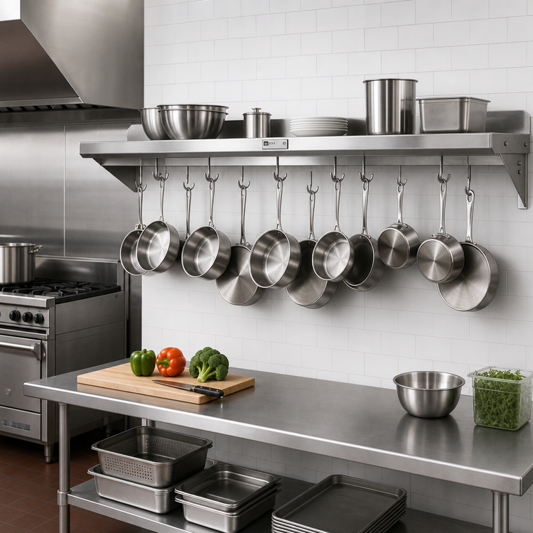 Product image #2 for John Boos Stallion 108-Inch Wall-Mount Stainless Steel Pot Rack Shelf with 9 Hooks