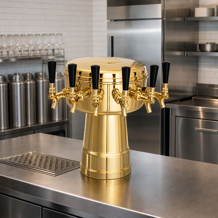 Product image #2 for Glastender Single-Column Mushroom Draft Dispensing Tower, 6 Faucets, Polished Brass, Glycol Cooled