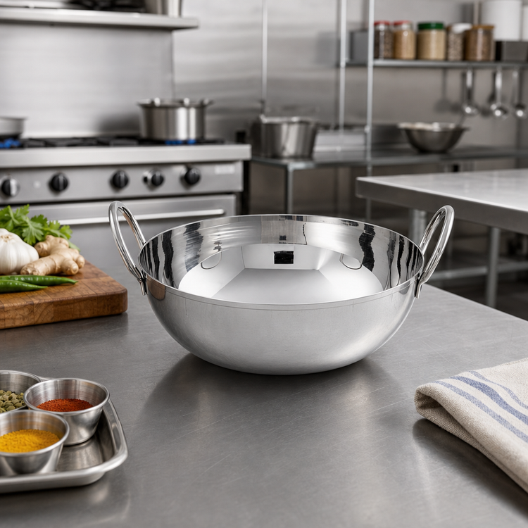 Product image #3 for American Metalcraft 32 oz. Round Stainless Steel Balti Dish with Handles, Mirror Finish