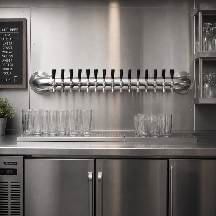 Product image #2 for Glastender 14-Faucet Wall-Mount Air-Cooled Pipe Wall Draft Dispensing Tower, Stainless Steel
