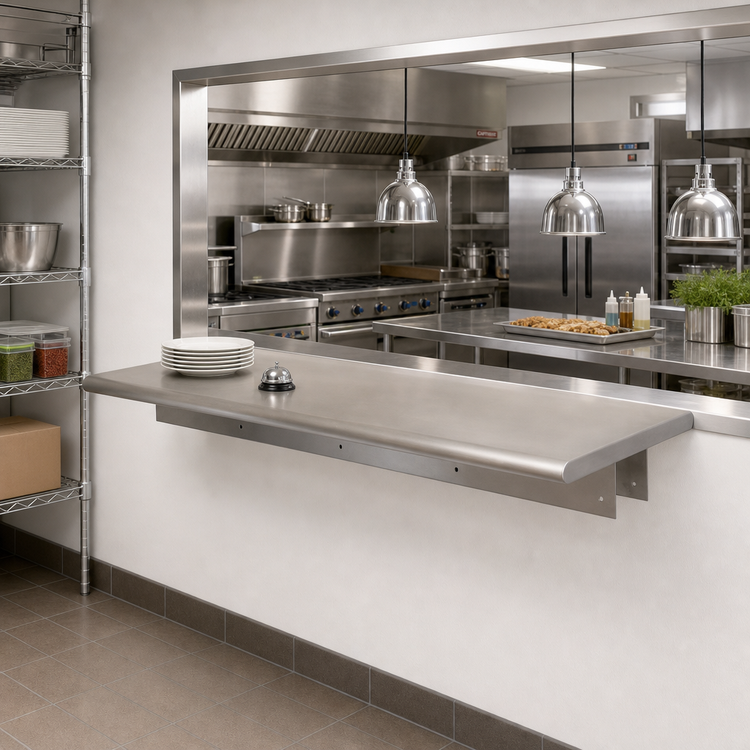 Product image #2 for BK Resources Stainless Steel Pass-Through Shelf, 96 Inch W x 18 Inch D, 5 Inch Max Wall Thickness