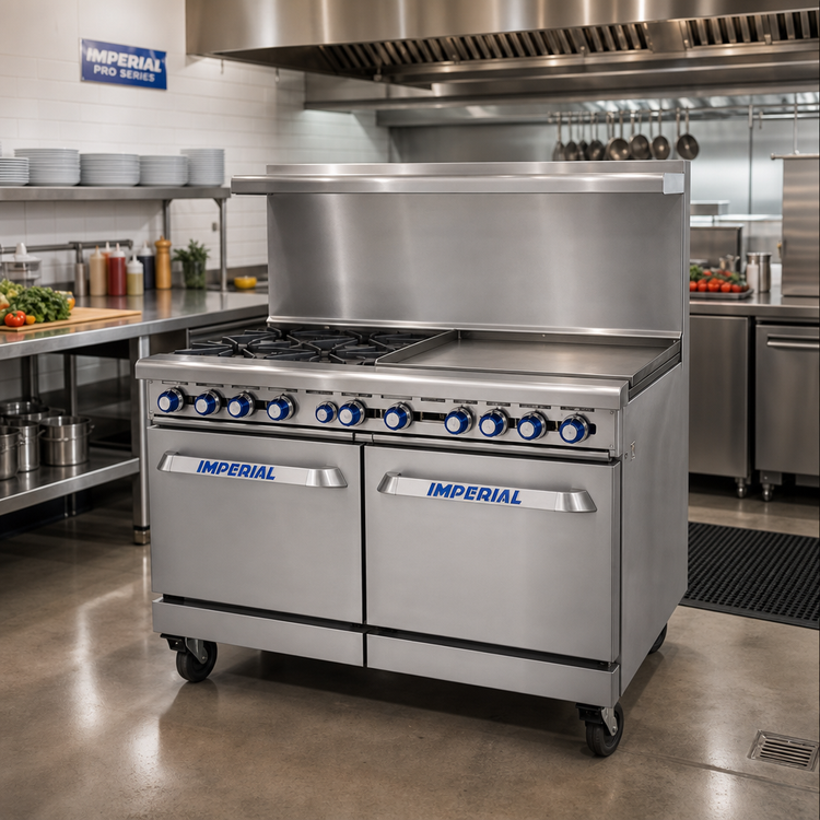 Product image #2 for Imperial Pro Series 48-Inch Stainless Steel Gas Restaurant Range with 4 Open Burners, 24-Inch Griddle, Convection Oven, and Open Cabinet Base