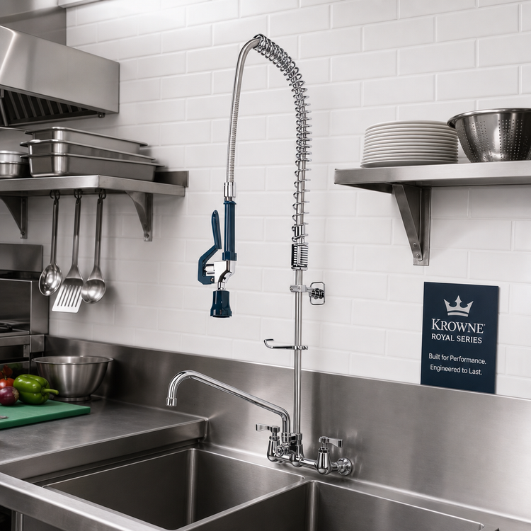 Product image #2 for Krowne Royal Series Wall-Mount Pre-Rinse Assembly with Add-On Faucet, 8-Inch Centers, 38-Inch Stainless Steel Hose