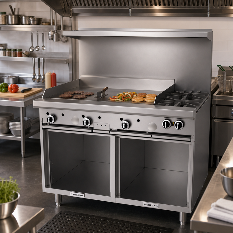 Product image #2 for Garland G Starfire Pro 48-Inch Commercial Gas Restaurant Range with 2 Open Burners, 36-Inch Griddle, and 2 Storage Bases